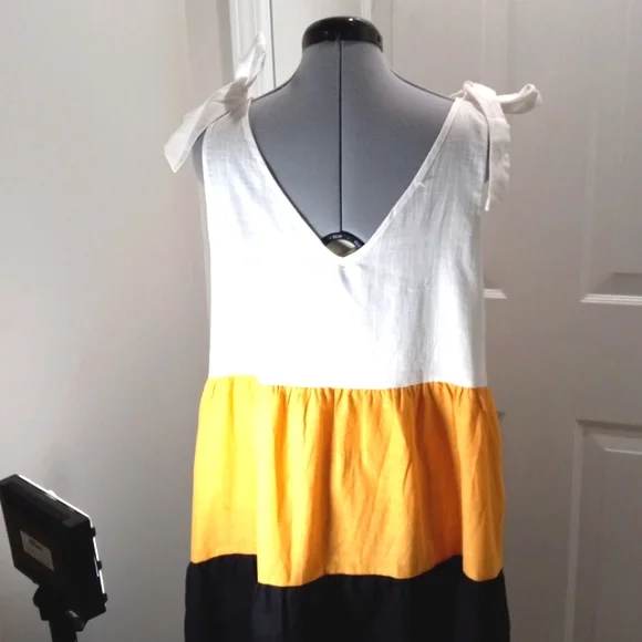 Summer Dress Sz Med, Cream/Yellow/Black 3 Tiered ruffles midi yk2 - Picture 3 of 4